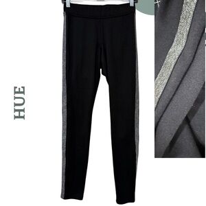 🛍️$3/40 HUE Black Leggings with Metallic Side Tuxedo Stripe Black Silver – Small
